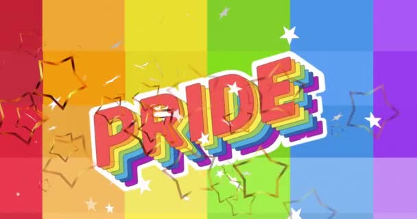 Animação Texto Orgulho Sobre Estrelas Fundo Arco Íris Orgulho Lgbtq — Vídeo de Stock