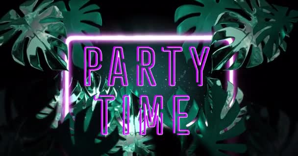 Animation Party Time Text Neon Frame Leaves Black Background Retro — Stock Video