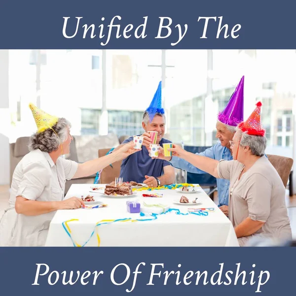 Composição Texto Feliz Dia Amizade Sobre Amigos Caucasianos Seniores Que — Fotografia de Stock