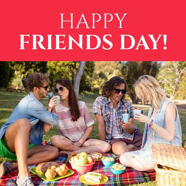 Composition Happy Friends Day Text Happy Caucasian Friends Having Picnic — Stock Photo, Image