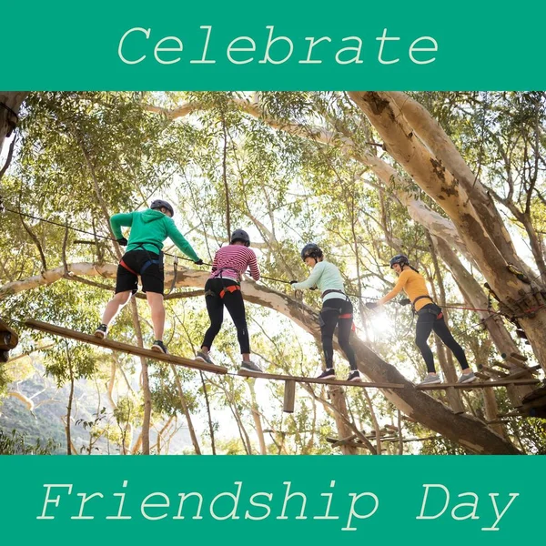 Composition Celebrate Friendship Day Text Happy Caucasian Friends Rope Park — Stock Photo, Image