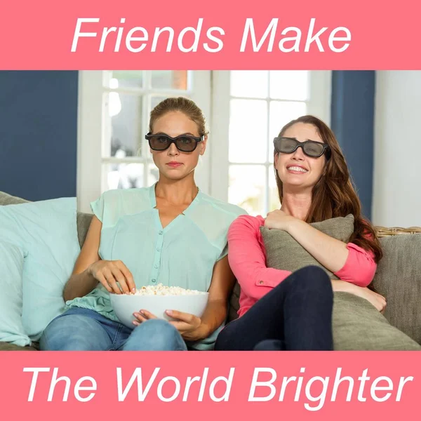 Σύνθεση Χαρούμενης Ημέρας Φιλίας Κείμενο Πάνω Από Ευτυχισμένη Καυκάσιος Φίλες — Φωτογραφία Αρχείου