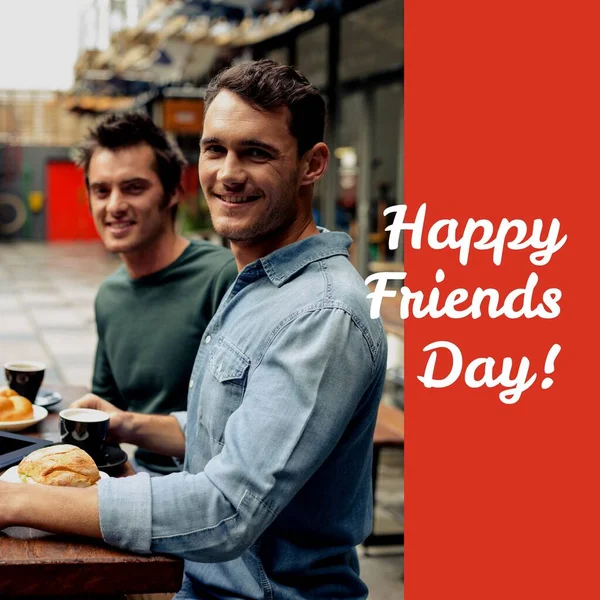 Composition Happy Friends Day Text Happy Caucasian Male Friends Eating — Stock Photo, Image
