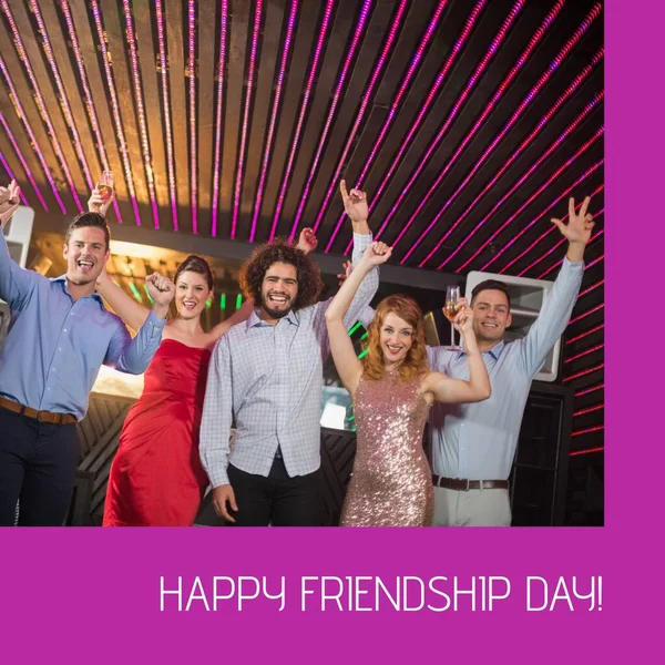 Composition Happy Friendship Day Text Happy Caucasian Friends Bar Friendship — Stock Photo, Image