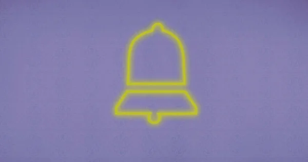 Composition Yellow Neon Bell Icon Purple Background Global Social Media — Stock Photo, Image