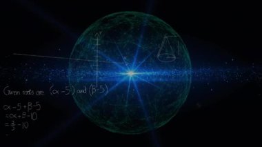 Matematiksel denklemlerin ve dünya çapında veri işlemenin animasyonu. Küresel bilim, bilgisayar ve veri işleme kavramı dijital olarak oluşturulmuş video.
