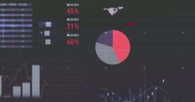 Gri arka planda istatistiksel veri işleme animasyonu. Bilgisayar arayüzü ve iş veri teknolojisi kavramı