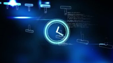 Siyah arka planda DNA ipliği ve veri işleme üzerinde hareket eden saatin animasyonu. Küresel bilim ve dijital arayüz kavramı dijital olarak oluşturulmuş video.