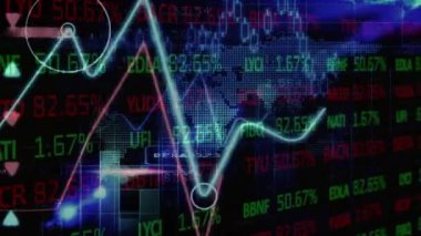 Dünya haritasında kara zemine karşı istatistiksel ve borsa veri işleme animasyonu. Küresel ekonomi ve iş veri teknolojisi kavramı