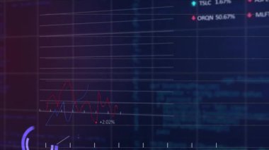 Animation of statistical and stock market data processing over grid network against blue background. Global economy and business data technology concept
