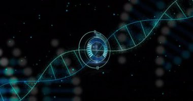 Siyah arkaplandaki DNA iplikçiklerinin üzerinde tarama yapılan bir animasyon. Küresel bilim ve dijital arayüz kavramı dijital olarak oluşturulmuş video.