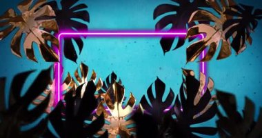 Mavi arkaplandaki yaprakların üzerinde fotokopi alanı ve neon çerçeve animasyonu. Geçmişe dönük gelecek ve dijital arayüz kavramı dijital olarak oluşturulmuş video.