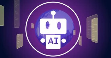 Hawaii sohbetinin animasyonu ve mor arka planda dünya üzerinde veri işleme. Küresel yapay zeka, dijital arayüz ve dijital olarak oluşturulmuş veri işleme konsepti.