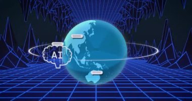 Ai chat ve veri işleme animasyonu dünya ve metaevren üzerinde. Küresel yapay zeka, bulut hesaplama, dijital arayüz ve veri işleme konsepti dijital olarak oluşturulmuş video.