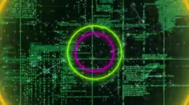 Veri işleme ve moleküler yapılar üzerinde kusursuz desenli neon dairesel şekillerin animasyonu. Tıbbi araştırma ve bilim teknolojisi kavramı