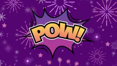 Pow metninin retro konuşma balonu ve mor yıldız deseni üzerine animasyonu. Vintage kutlama ve iletişim konsepti dijital olarak oluşturulmuş video.