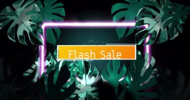 Siyah arkaplandaki yaprakların üzerine flash satış metni ve neon çerçeve animasyonu. Geçmişe dönük gelecek ve dijital arayüz kavramı dijital olarak oluşturulmuş video.