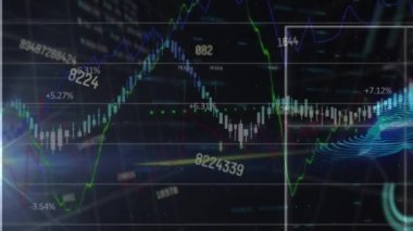 Animation of multiple changing numbers and financial data processing against black background. Global finance and business technology concept