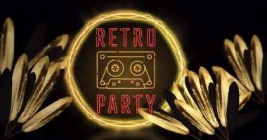Yapraklar üzerinde retro parti metin ve radyo ikonu animasyonu ve siyah arkaplanda neon halkalar. Geçmişe dönük gelecek ve dijital arayüz kavramı dijital olarak oluşturulmuş video.