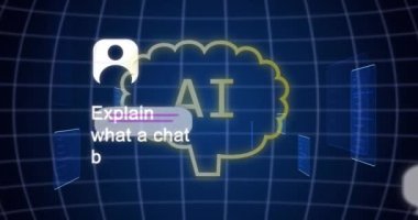 Ai sohbet ve veri işleme animasyonları mavi arka planda. Küresel yapay zeka, bulut hesaplama, dijital arayüz ve veri işleme konsepti dijital olarak oluşturulmuş video.