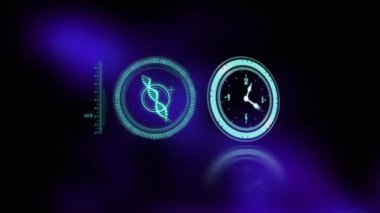 Siyah arka planda DNA ipliği ve taraması üzerinde hareket eden saatin animasyonu. Küresel bilim ve dijital arayüz kavramı dijital olarak oluşturulmuş video.