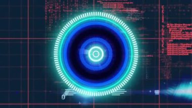 Neon yuvarlak tarayıcının animasyonu ve veri işleme şebekesi üzerinden mavi arkaplan ile karşılaştırılıyor. Bilgisayar arayüzü ve iş teknolojisi kavramı