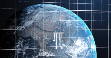 Hawaii simgesi ve veri işleme sisteminin dünya ve ızgara üzerinde animasyonu. Küresel yapay zeka, bulut hesaplama, dijital arayüz ve veri işleme konsepti dijital olarak oluşturulmuş video.