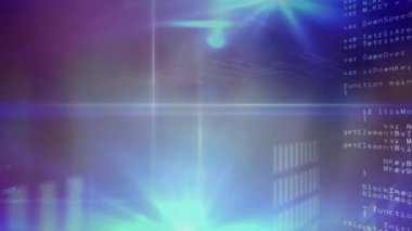 Parlak noktaların üzerinde bilgisayar veri işleme animasyonu. Küresel hesaplama, dijital arayüz ve veri işleme kavramı dijital olarak oluşturulmuş video.