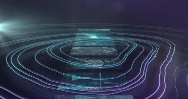 Beyaz harita çizgileri üzerinde kamera ve veri işleme animasyonları. Küresel izleme, bağlantılar, dijital arayüz ve dijital olarak oluşturulmuş veri işleme kavramı.