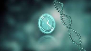 Gri arka planda DNA ipliği üzerinde hareket eden saatin animasyonu. Küresel bilim ve dijital arayüz kavramı dijital olarak oluşturulmuş video.