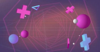 Desenli arkaplanda hareket eden soyut şekillerin animasyonu. Küresel bağlantılar, dijital arayüz ve dijital olarak oluşturulan veri işleme konsepti.