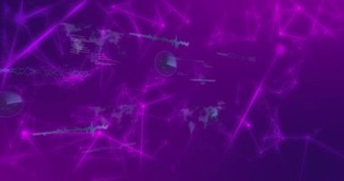 Yuvarlak tarayıcıların animasyonu, veri işleme ve mor arkaplan ile bağlantı ağı. Küresel ağ ve iş teknolojisi kavramı