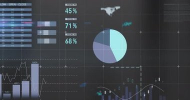 Gri arkaplan üzerinden istatistiksel veri işleme animasyonu. Bilgisayar arayüzü ve iş veri teknolojisi kavramı