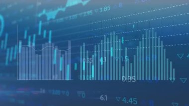 Animation of statistical and stock market data processing against blue background. Global economy and business data technology concept