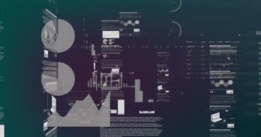 Mor gradyan arkaplana karşı istatistiksel veri işleme animasyonu. Bilgisayar arayüzü ve iş teknolojisi kavramı