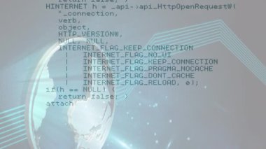 Dünya üzerinde bilgisayar veri işleme animasyonu. Küresel hesaplama, dijital arayüz ve veri işleme kavramı dijital olarak oluşturulmuş video.
