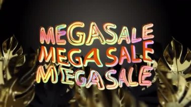 Mega satış metinlerinin siyah arkaplandaki yapraklar üzerinde tekrarlanması. Geçmişe dönük gelecek ve dijital arayüz kavramı dijital olarak oluşturulmuş video.