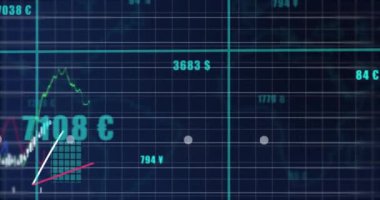 Mavi arka planda finansal ve istatistiksel veri işleme animasyonu. Bilgisayar arayüzü ve iş veri teknolojisi kavramı