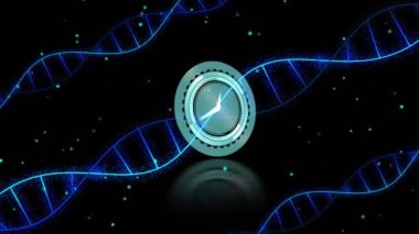 Siyah arka planda DNA iplikçiklerinin üzerinde hareket eden saatin animasyonu. Küresel bilim ve dijital arayüz kavramı dijital olarak oluşturulmuş video.