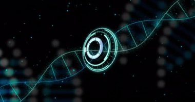 Siyah arkaplandaki DNA iplikçiklerinin üzerinde tarama yapılan bir animasyon. Küresel bilim ve dijital arayüz kavramı dijital olarak oluşturulmuş video.