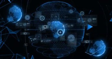 Yuvarlak tarayıcıların animasyonu ve kara arkaplana karşı bir dünya üzerinde veri işleme. Küresel ağ ve iş teknolojisi kavramı