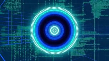 Neon yuvarlak tarayıcının animasyonu ve tünele karşı düzgün bir şekilde veri işleme. Bilgisayar arayüzü ve iş teknolojisi kavramı