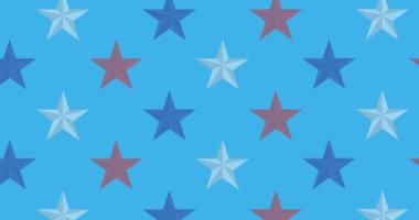 Mutlu 4 Temmuz metinlerinin animasyonu mavi arka plandaki yıldızların üzerinde. Bağımsızlık Günü, vatanseverlik ve dijital olarak üretilen video konsepti.