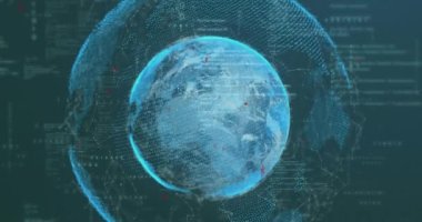 Dünya üzerinde veri işleme animasyonu. Küresel iş, finans, dijital arayüz ve dijital olarak oluşturulan veri işleme kavramı.