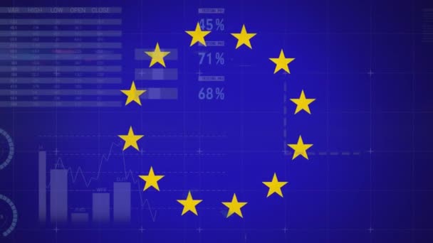 Animazione Elaborazione Dati Finanziari Sopra Stella Bandiera Unione Europea Economia — Video Stock