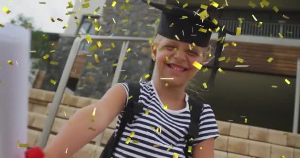 Animation Gold Confetti Happy Caucasian Schoolgirl Diploma Mortar Board Achievement — Stock Video