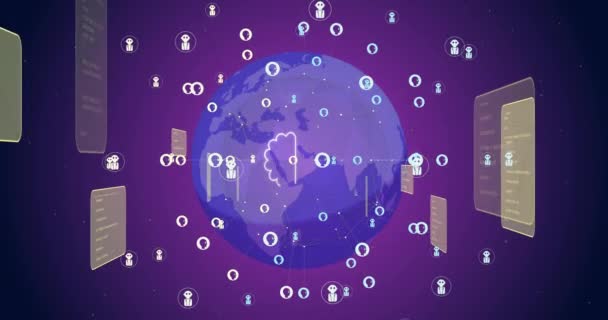 紫色の背景で世界中のAiチャットやデータ処理のアニメーション 世界的な人工知能 デジタルインターフェイス データ処理コンセプトデジタル生成ビデオ — ストック動画