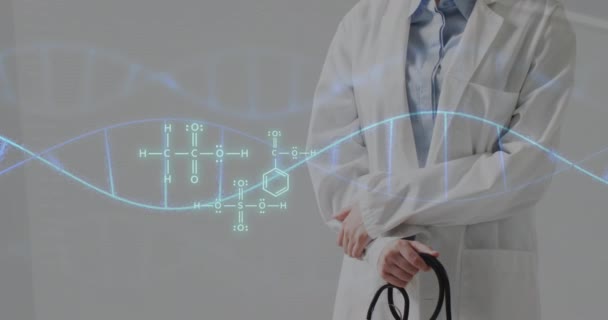 Animering Kemiska Strukturer Över Kaukasisk Kvinnlig Läkare Med Stetoskop Global — Stockvideo