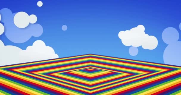 Animation Regenbogenfarbener Diamanten Die Über Wolken Auf Blauem Hintergrund Wehen — Stockvideo