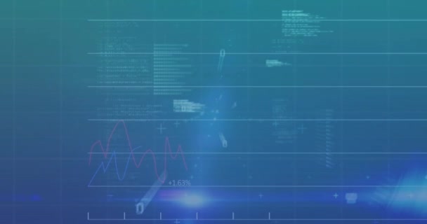 青を背景にした統計データ処理とスポットライトのアニメーション 世界経済とビジネスデータテクノロジーの概念 — ストック動画